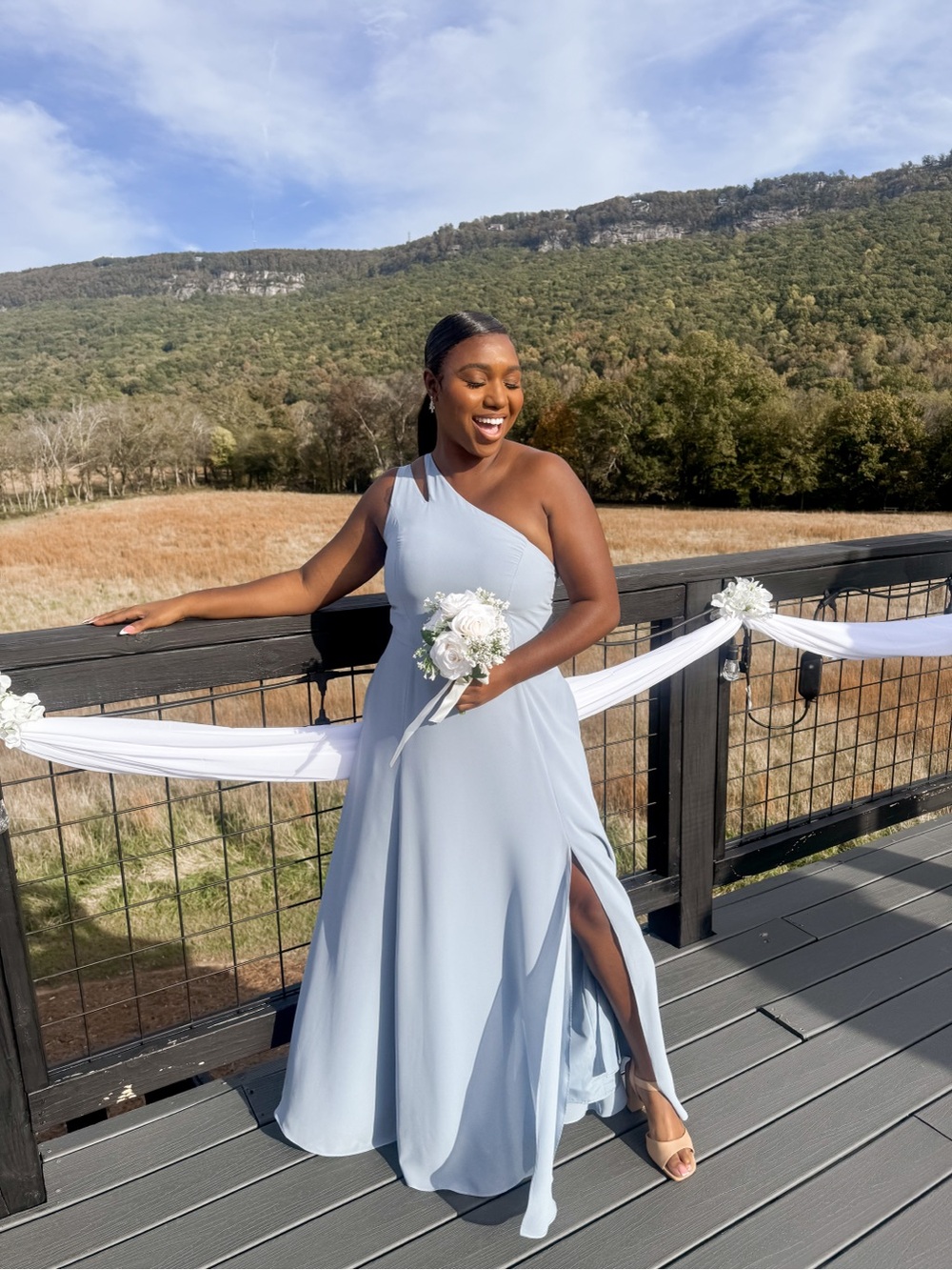 One-Shoulder Light Blue Formal Dress with Side Slit